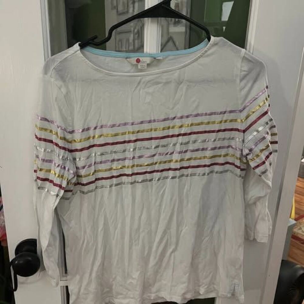 Boden White Metallic Striped 3/4 Sleeve Top